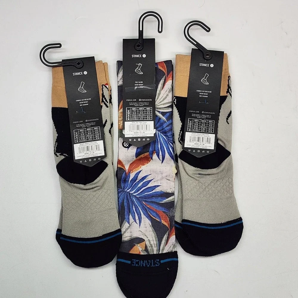 Stance Kids Casual Crew Socks Tiger Floral Print Mid Cushion Youth M Pack of 3‎